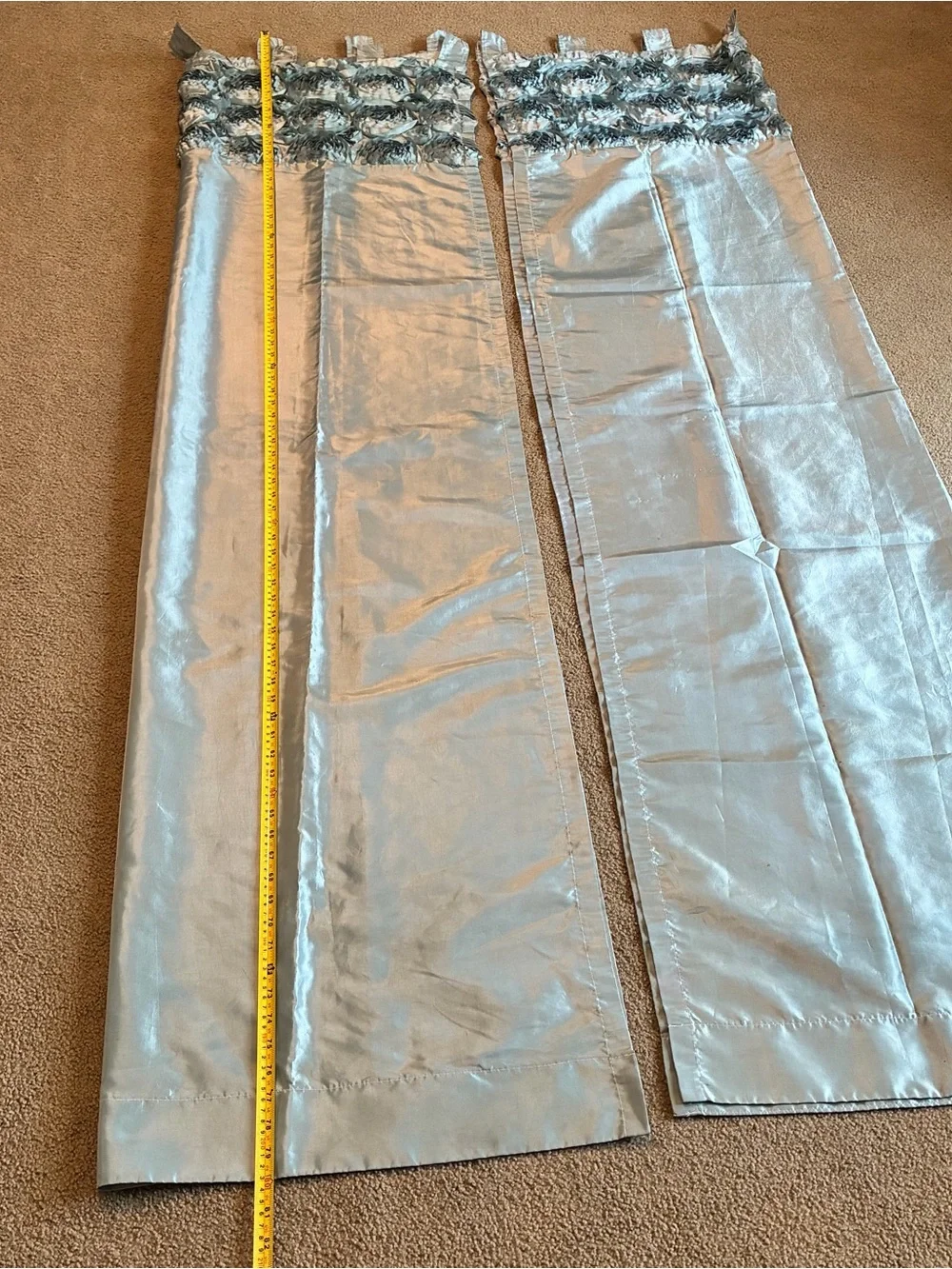 Set Of Two Teal Metallic Blue Silky Satin Curtain Panels 80x40 Inches Floral Top